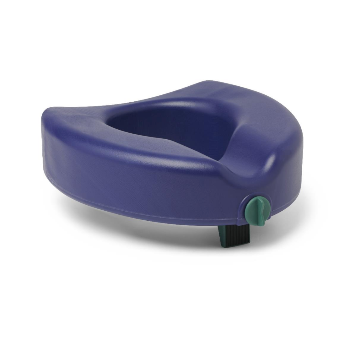 The Medline 5 Raised Locking Toilet Seat with Microban Treatment features a blue, contoured design with a front cutout and adjustable side clamp for secure attachment, providing enhanced comfort and bath safety.